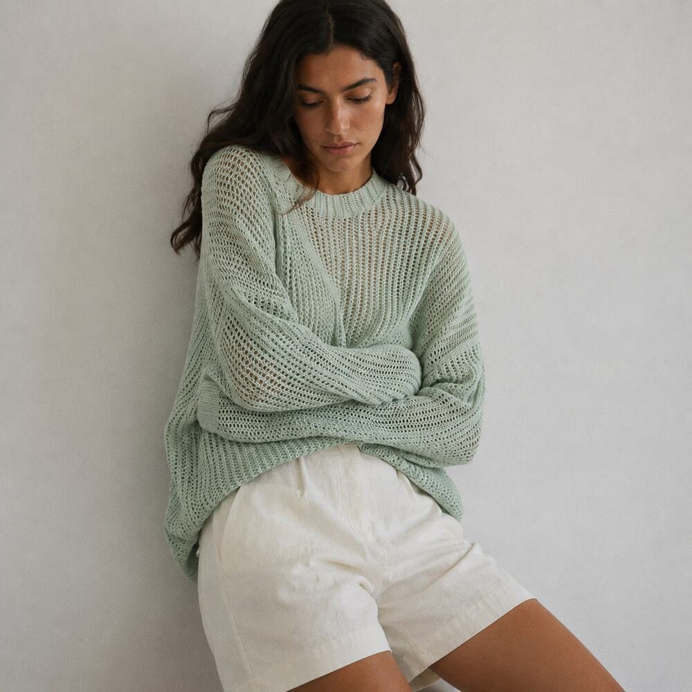 Rag & Bone Riley Sweater Womens S Green Open Knit Crewneck Long Sleeve